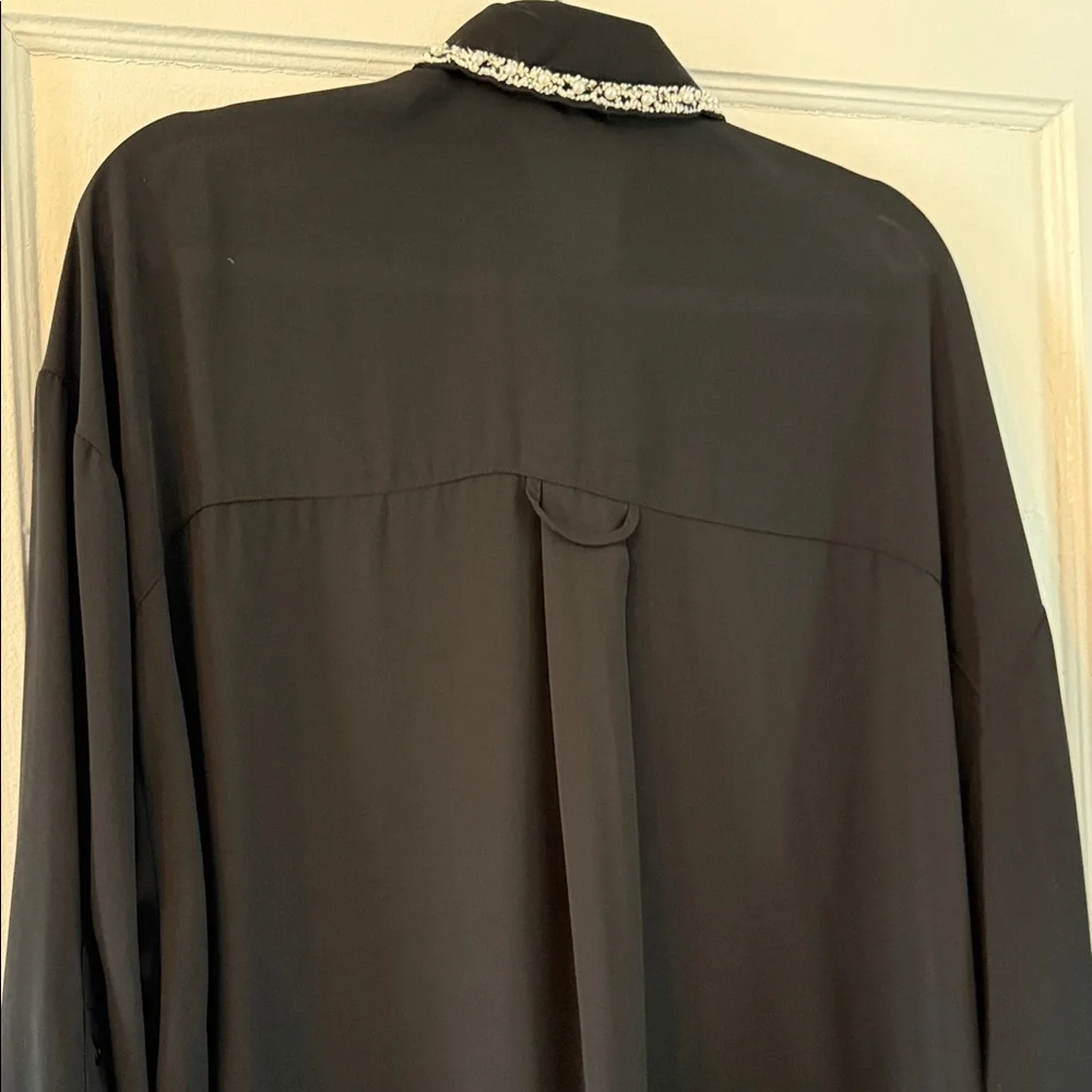 Zara Basic Black Button-Up Blouse with Embellished Collar - Picture 7 of 10